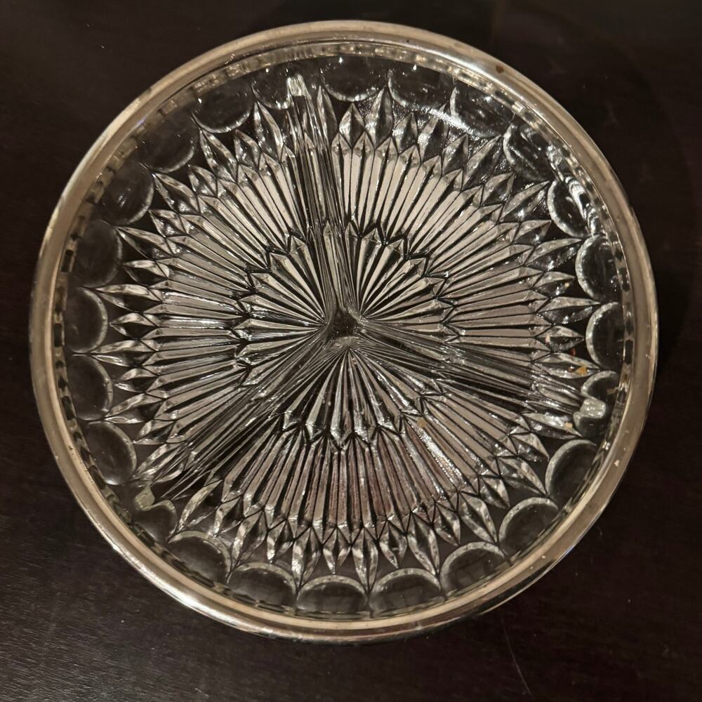 Vintage Divided Cut Glass Relish Dish Silver-Tone Rim — 3 Section Serving Tray